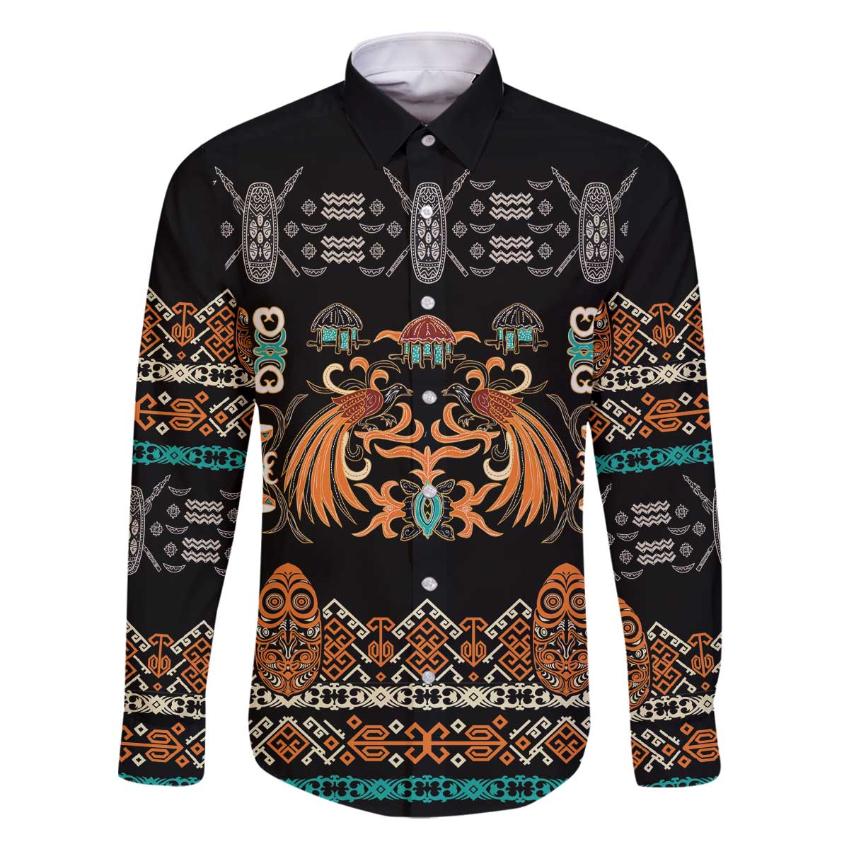 Black Batik Papua-inspired Pattern Family Matching Off The Shoulder Long Sleeve Dress and Hawaiian Shirt LT9 Dad's Shirt - Long Sleeve Black - Polynesian Pride