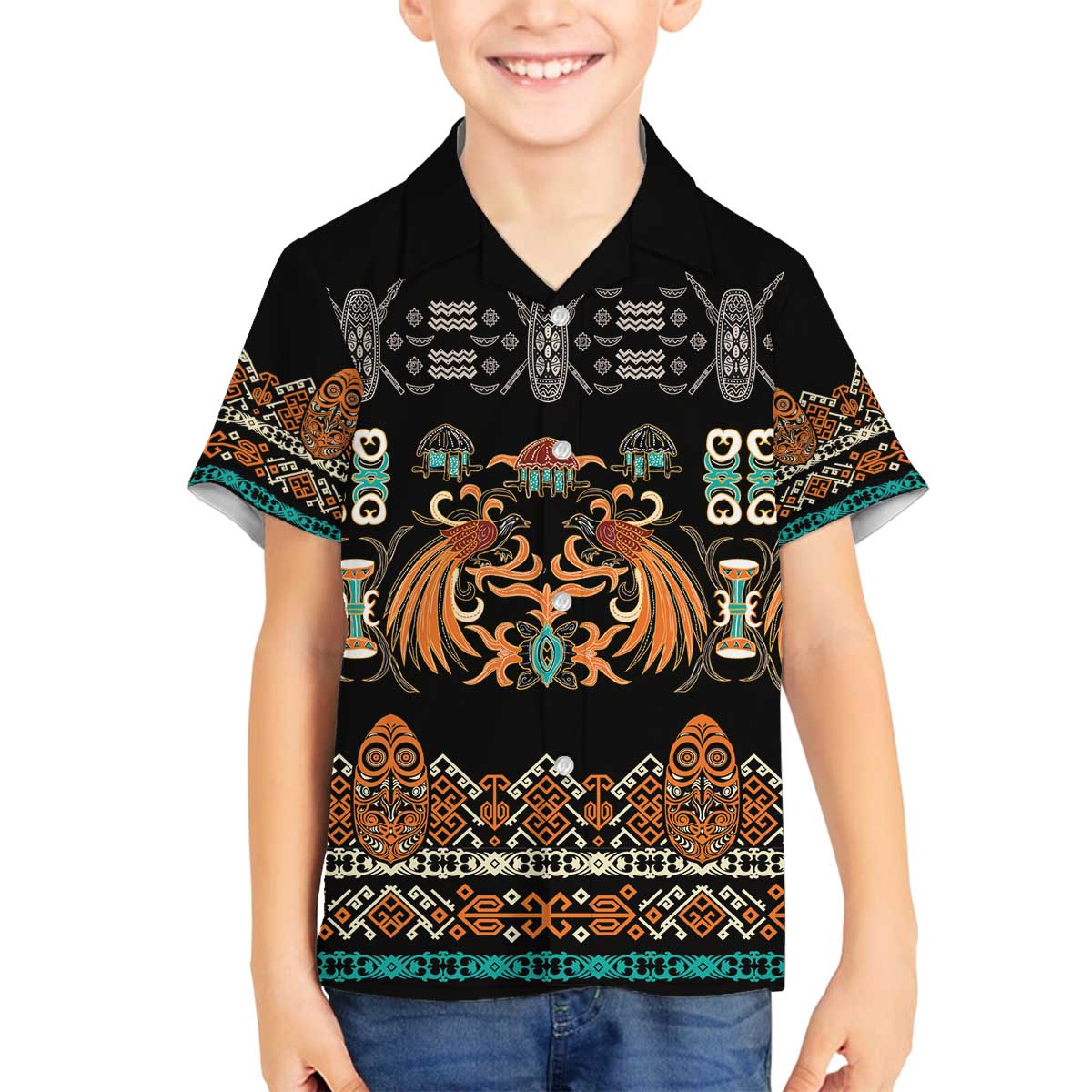 Black Batik Papua-inspired Pattern Family Matching Off The Shoulder Long Sleeve Dress and Hawaiian Shirt LT9 Son's Shirt Black - Polynesian Pride