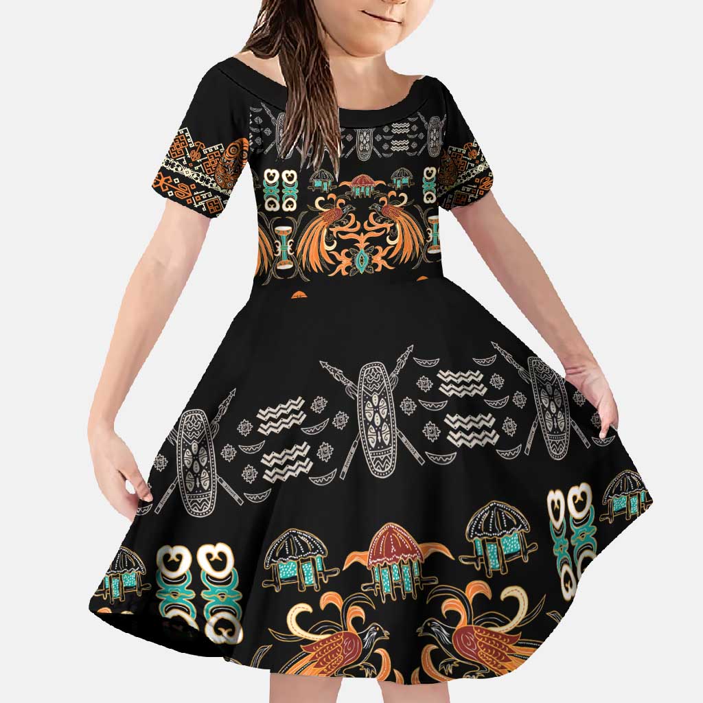 Black Batik Papua-inspired Pattern Family Matching Short Sleeve Bodycon Dress and Hawaiian Shirt LT9 Daughter's Dress Black - Polynesian Pride