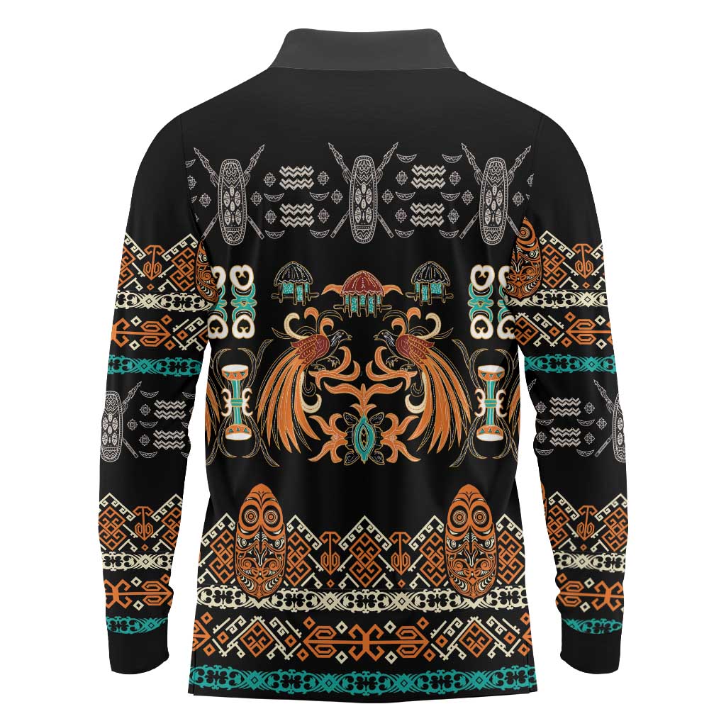 Black Batik Papua-inspired Pattern Long Sleeve Polo Shirt - Polynesian Pride