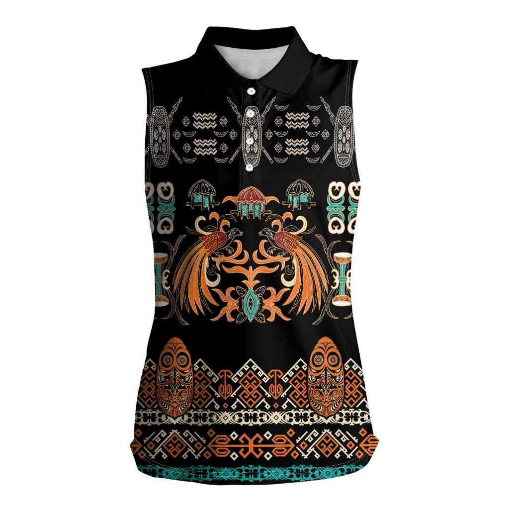 Black Batik Papua-inspired Pattern Women Sleeveless Polo Shirt LT9 Female Black - Polynesian Pride