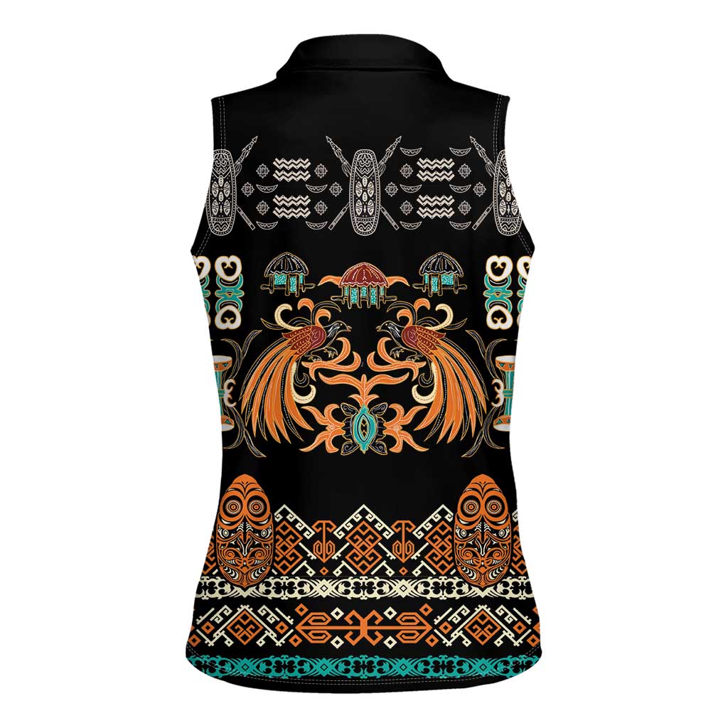 Black Batik Papua-inspired Pattern Women Sleeveless Polo Shirt - Polynesian Pride