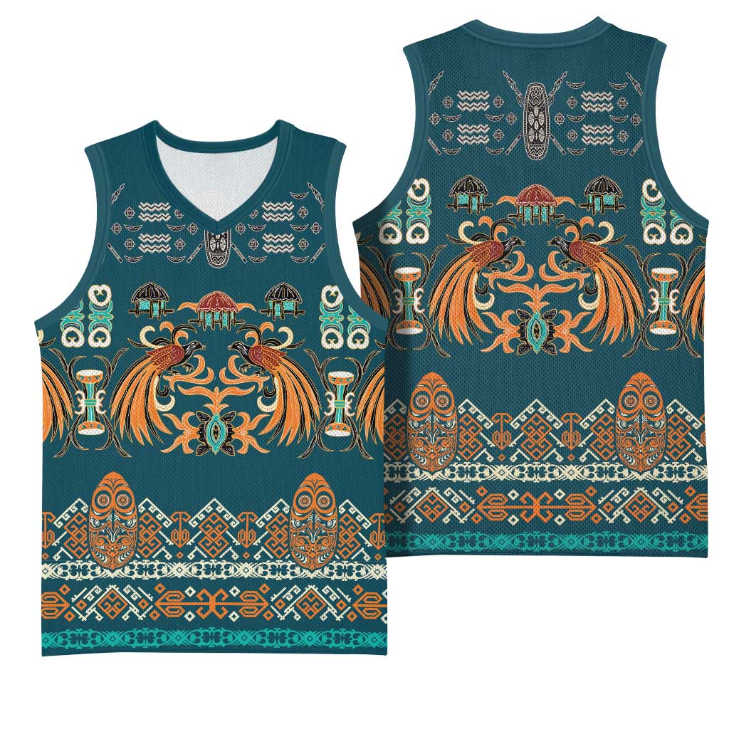 Dark Cyan Blue Batik Papua-inspired Pattern Basketball Jersey - Polynesian Pride