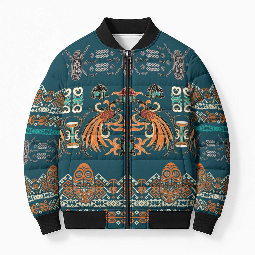 Dark Cyan Blue Batik Papua-inspired Pattern Bomber Puffer Jacket - Polynesian Pride