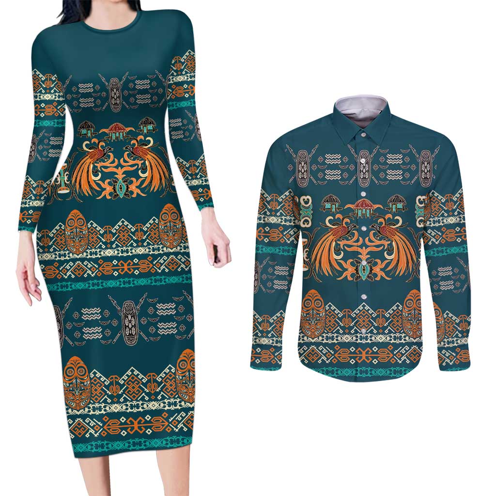 Dark Cyan Blue Batik Papua-inspired Pattern Couples Matching Long Sleeve Bodycon Dress and Long Sleeve Button Shirt LT9 Blue - Polynesian Pride