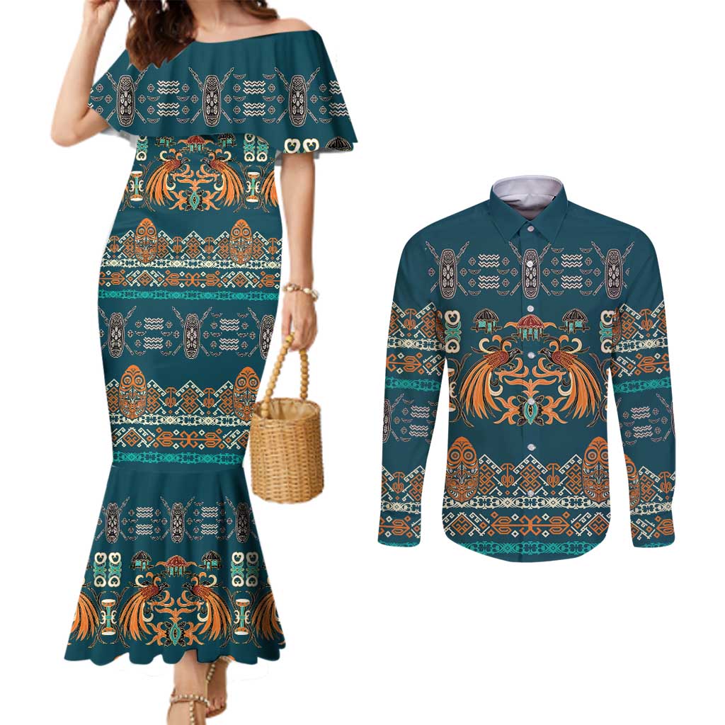 Dark Cyan Blue Batik Papua-inspired Pattern Couples Matching Mermaid Dress and Long Sleeve Button Shirt LT9 Blue - Polynesian Pride