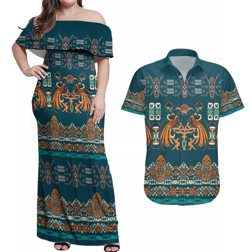 Dark Cyan Blue Batik Papua-inspired Pattern Couples Matching Off Shoulder Maxi Dress and Hawaiian Shirt LT9 Blue - Polynesian Pride