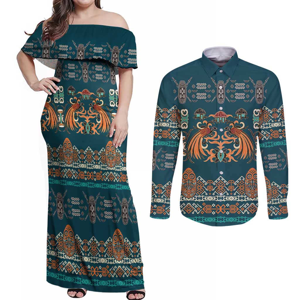Dark Cyan Blue Batik Papua-inspired Pattern Couples Matching Off Shoulder Maxi Dress and Long Sleeve Button Shirt LT9 Blue - Polynesian Pride