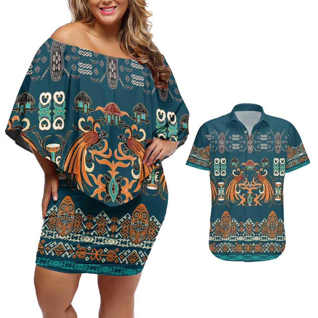Dark Cyan Blue Batik Papua-inspired Pattern Couples Matching Off Shoulder Short Dress and Hawaiian Shirt LT9 Blue - Polynesian Pride