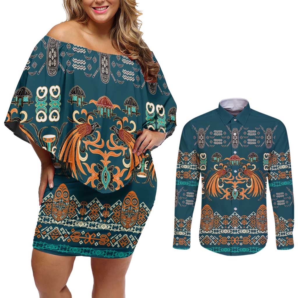 Dark Cyan Blue Batik Papua-inspired Pattern Couples Matching Off Shoulder Short Dress and Long Sleeve Button Shirt LT9 Blue - Polynesian Pride