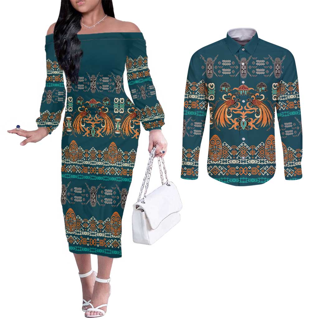 Dark Cyan Blue Batik Papua-inspired Pattern Couples Matching Off The Shoulder Long Sleeve Dress and Long Sleeve Button Shirt LT9 Blue - Polynesian Pride