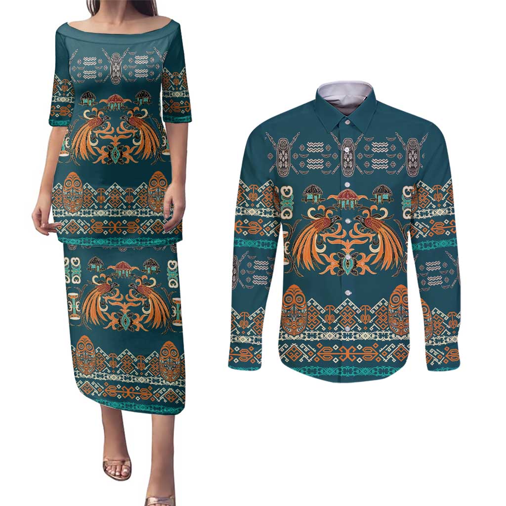 Dark Cyan Blue Batik Papua-inspired Pattern Couples Matching Puletasi and Long Sleeve Button Shirt LT9 Blue - Polynesian Pride
