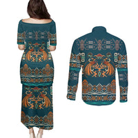 Dark Cyan Blue Batik Papua-inspired Pattern Couples Matching Puletasi and Long Sleeve Button Shirt - Polynesian Pride