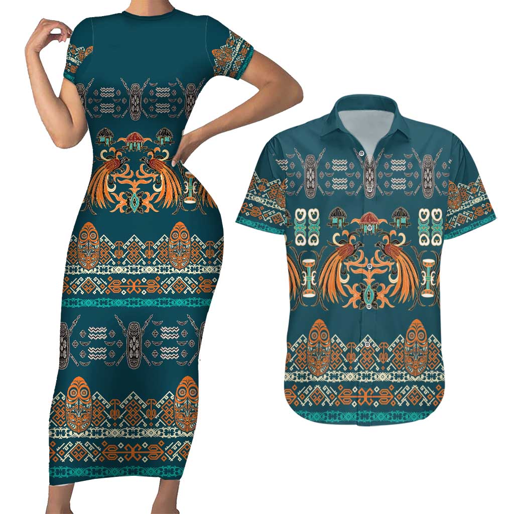 Dark Cyan Blue Batik Papua-inspired Pattern Couples Matching Short Sleeve Bodycon Dress and Hawaiian Shirt LT9 Blue - Polynesian Pride