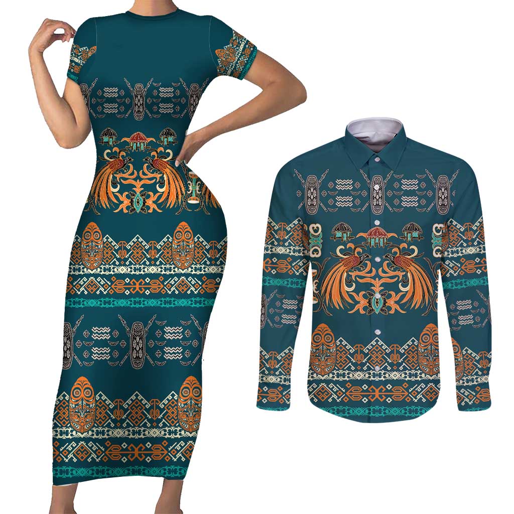 Dark Cyan Blue Batik Papua-inspired Pattern Couples Matching Short Sleeve Bodycon Dress and Long Sleeve Button Shirt LT9 Blue - Polynesian Pride
