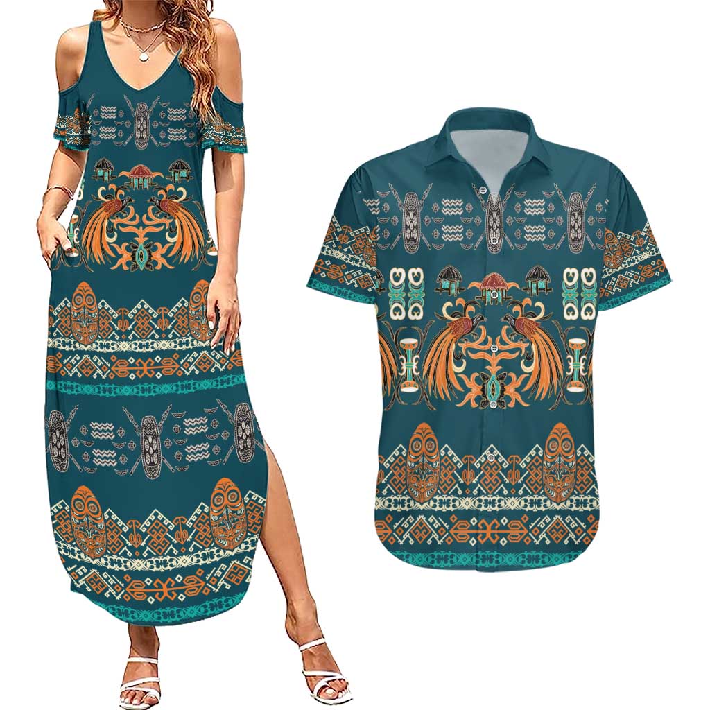 Dark Cyan Blue Batik Papua-inspired Pattern Couples Matching Summer Maxi Dress and Hawaiian Shirt LT9 Blue - Polynesian Pride