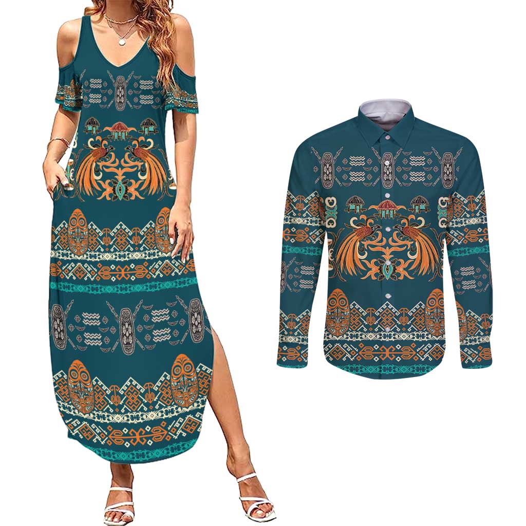 Dark Cyan Blue Batik Papua-inspired Pattern Couples Matching Summer Maxi Dress and Long Sleeve Button Shirt LT9 Blue - Polynesian Pride