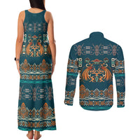 Dark Cyan Blue Batik Papua-inspired Pattern Couples Matching Tank Maxi Dress and Long Sleeve Button Shirt - Polynesian Pride