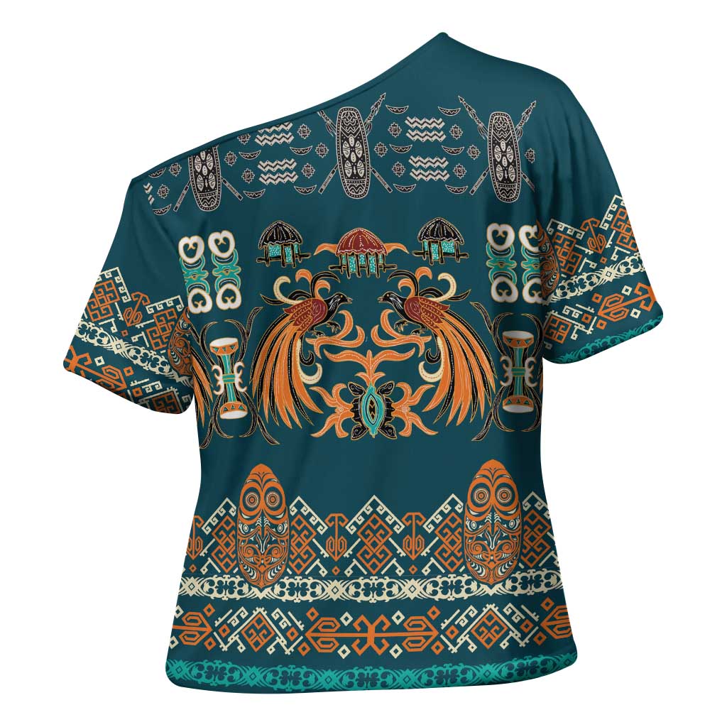 Dark Cyan Blue Batik Papua-inspired Pattern Cross Shoulder Shirt - Polynesian Pride