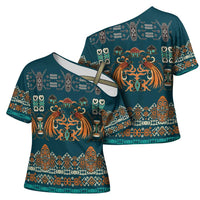 Dark Cyan Blue Batik Papua-inspired Pattern Cross Shoulder Shirt - Polynesian Pride