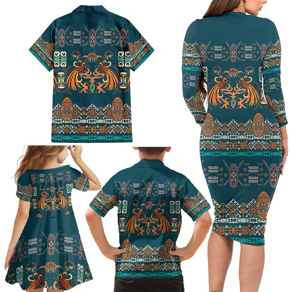 Dark Cyan Blue Batik Papua-inspired Pattern Family Matching Long Sleeve Bodycon Dress and Hawaiian Shirt LT9 - Polynesian Pride