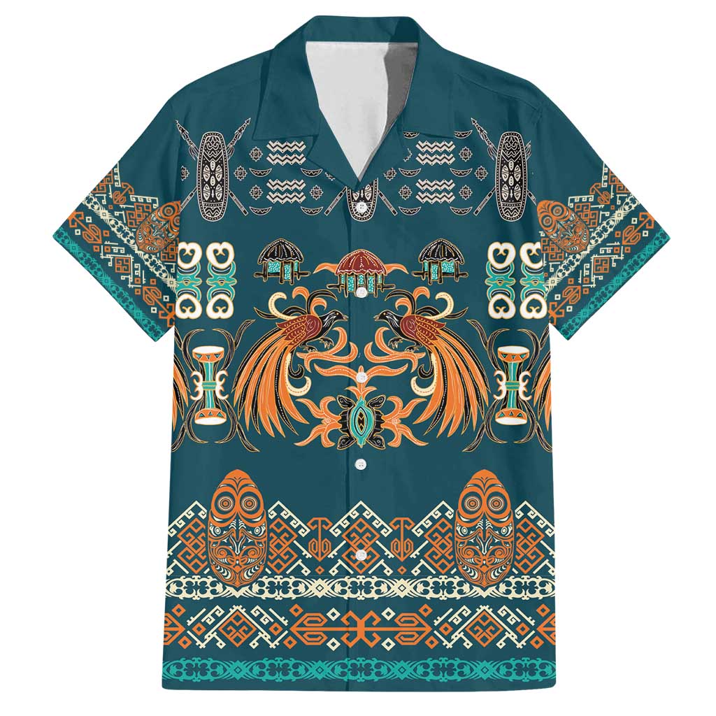 Dark Cyan Blue Batik Papua-inspired Pattern Family Matching Long Sleeve Bodycon Dress and Hawaiian Shirt LT9 Dad's Shirt - Short Sleeve Blue - Polynesian Pride