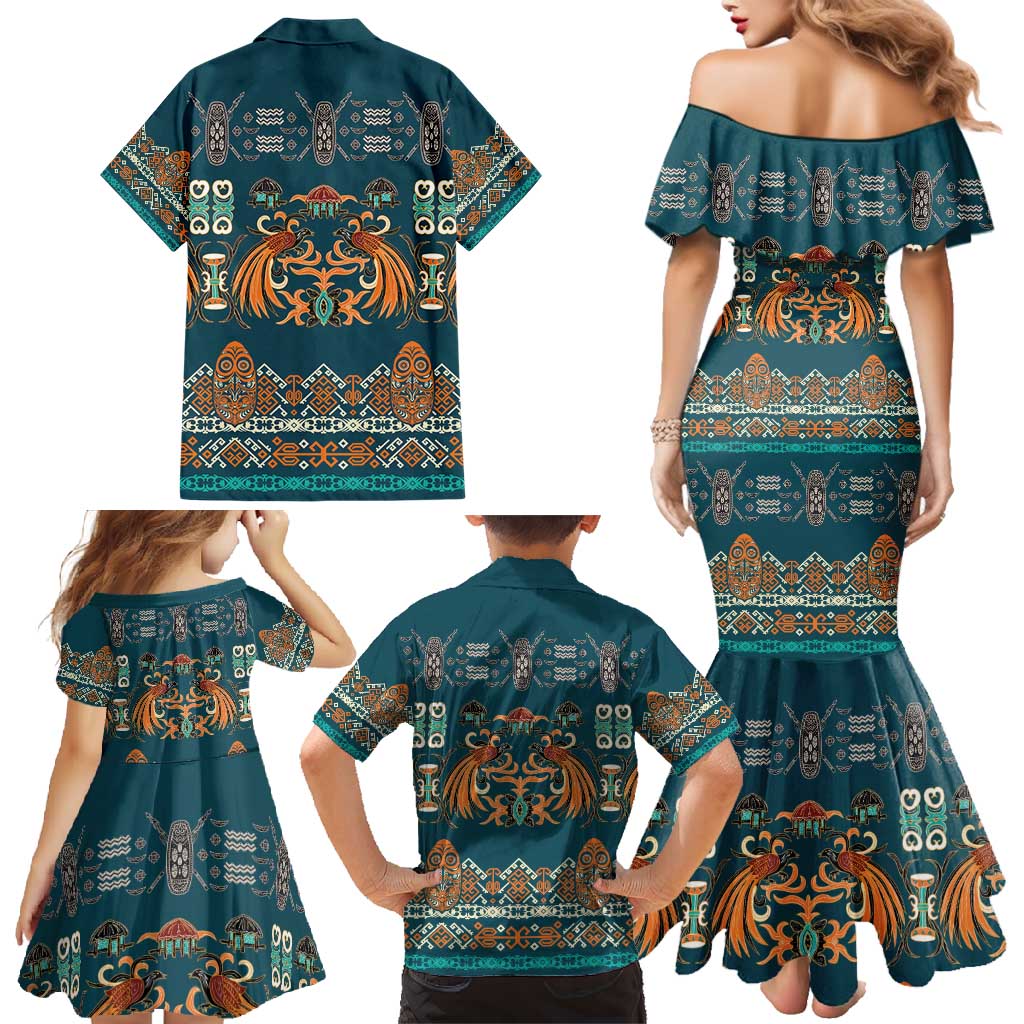Dark Cyan Blue Batik Papua-inspired Pattern Family Matching Mermaid Dress and Hawaiian Shirt LT9 - Polynesian Pride