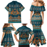 Dark Cyan Blue Batik Papua-inspired Pattern Family Matching Mermaid Dress and Hawaiian Shirt LT9 - Polynesian Pride