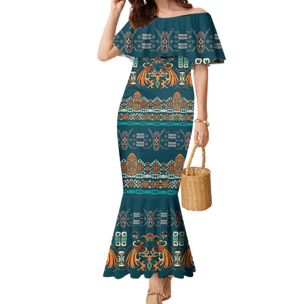 Dark Cyan Blue Batik Papua-inspired Pattern Family Matching Mermaid Dress and Hawaiian Shirt LT9 Mom's Dress Blue - Polynesian Pride