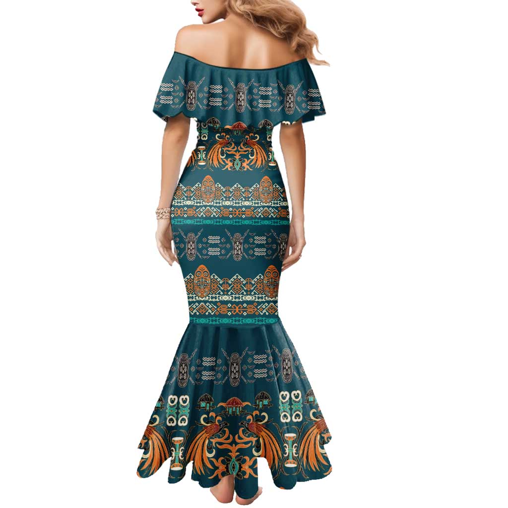 Dark Cyan Blue Batik Papua-inspired Pattern Family Matching Mermaid Dress and Hawaiian Shirt LT9 - Polynesian Pride