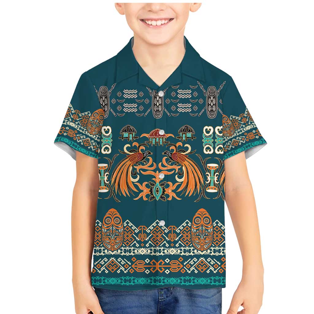 Dark Cyan Blue Batik Papua-inspired Pattern Family Matching Mermaid Dress and Hawaiian Shirt LT9 Son's Shirt Blue - Polynesian Pride