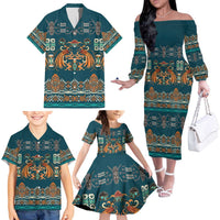 Dark Cyan Blue Batik Papua-inspired Pattern Family Matching Off The Shoulder Long Sleeve Dress and Hawaiian Shirt LT9 - Polynesian Pride