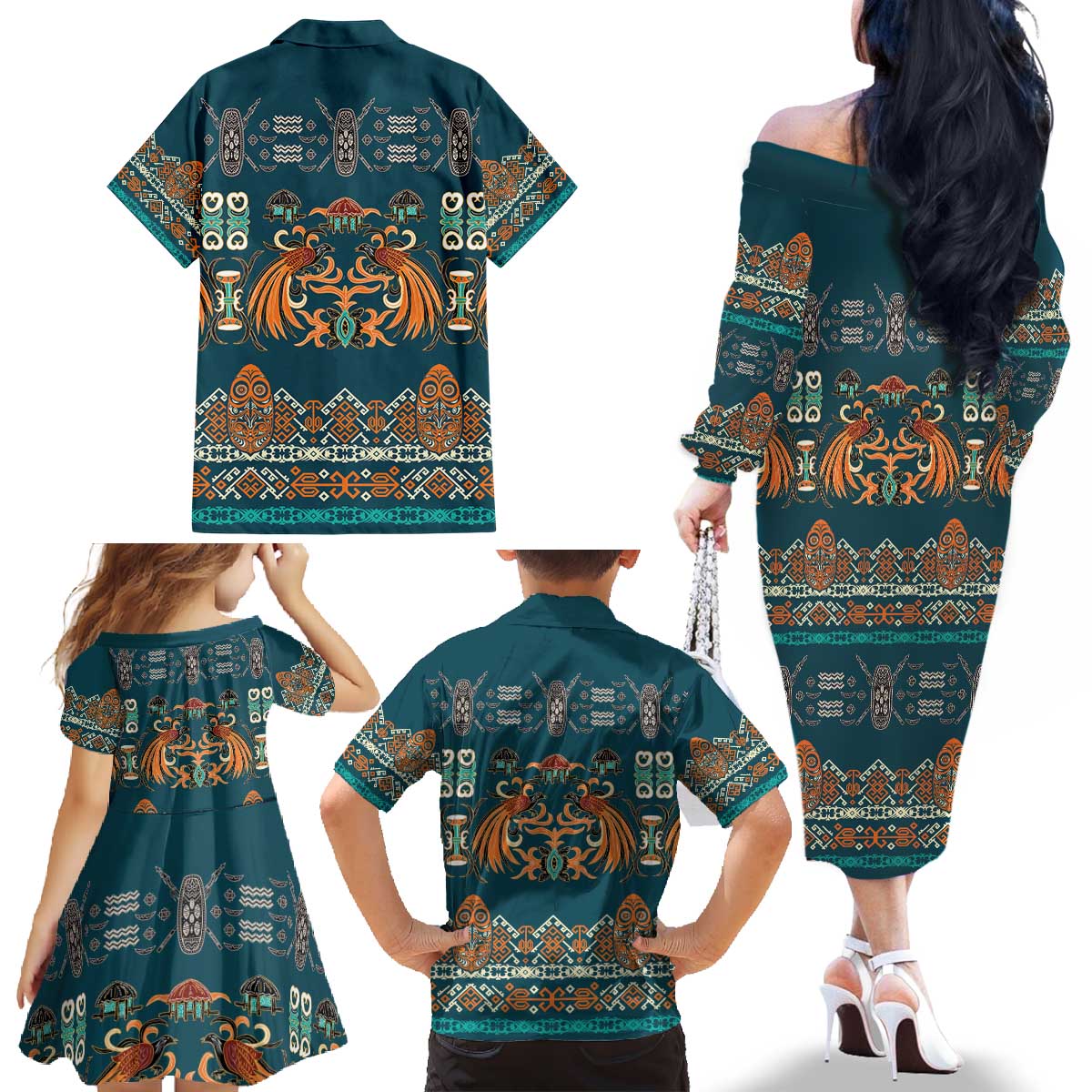 Dark Cyan Blue Batik Papua-inspired Pattern Family Matching Off The Shoulder Long Sleeve Dress and Hawaiian Shirt LT9 - Polynesian Pride