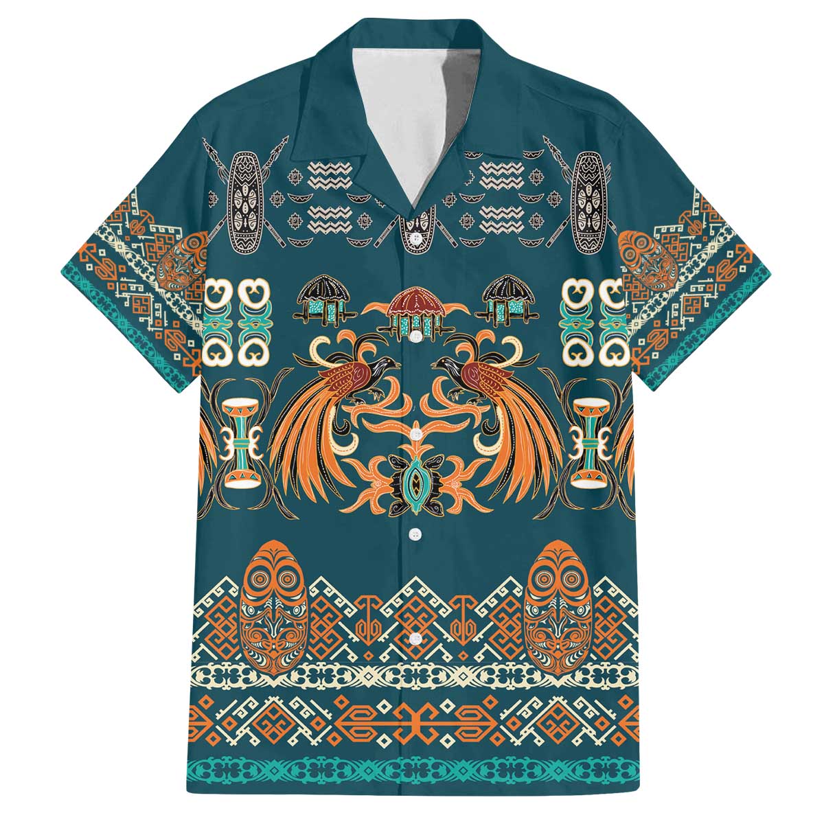 Dark Cyan Blue Batik Papua-inspired Pattern Family Matching Off The Shoulder Long Sleeve Dress and Hawaiian Shirt LT9 Dad's Shirt - Short Sleeve Blue - Polynesian Pride