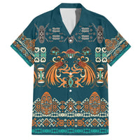 Dark Cyan Blue Batik Papua-inspired Pattern Family Matching Off The Shoulder Long Sleeve Dress and Hawaiian Shirt LT9 Dad's Shirt - Short Sleeve Blue - Polynesian Pride