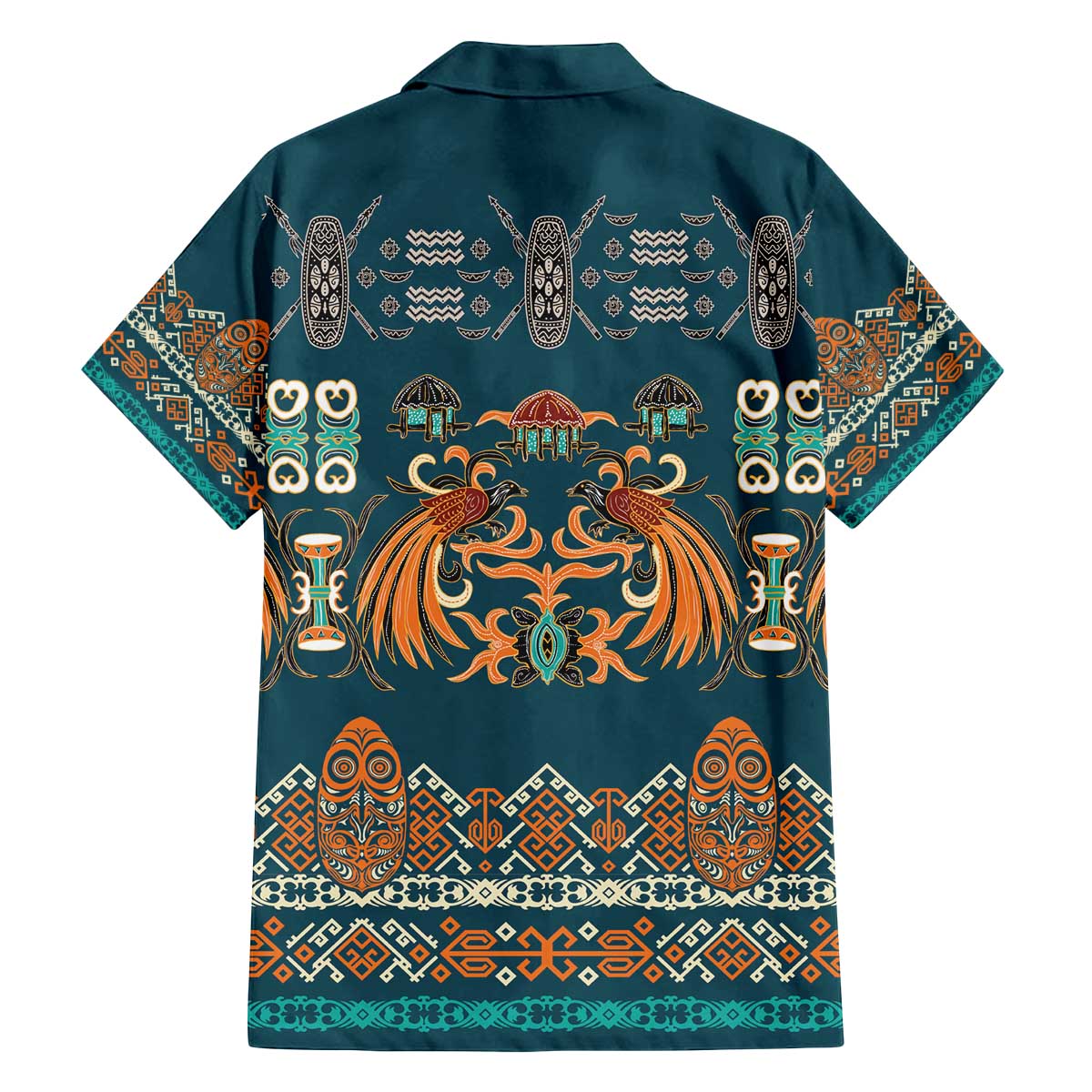 Dark Cyan Blue Batik Papua-inspired Pattern Family Matching Off The Shoulder Long Sleeve Dress and Hawaiian Shirt LT9 - Polynesian Pride