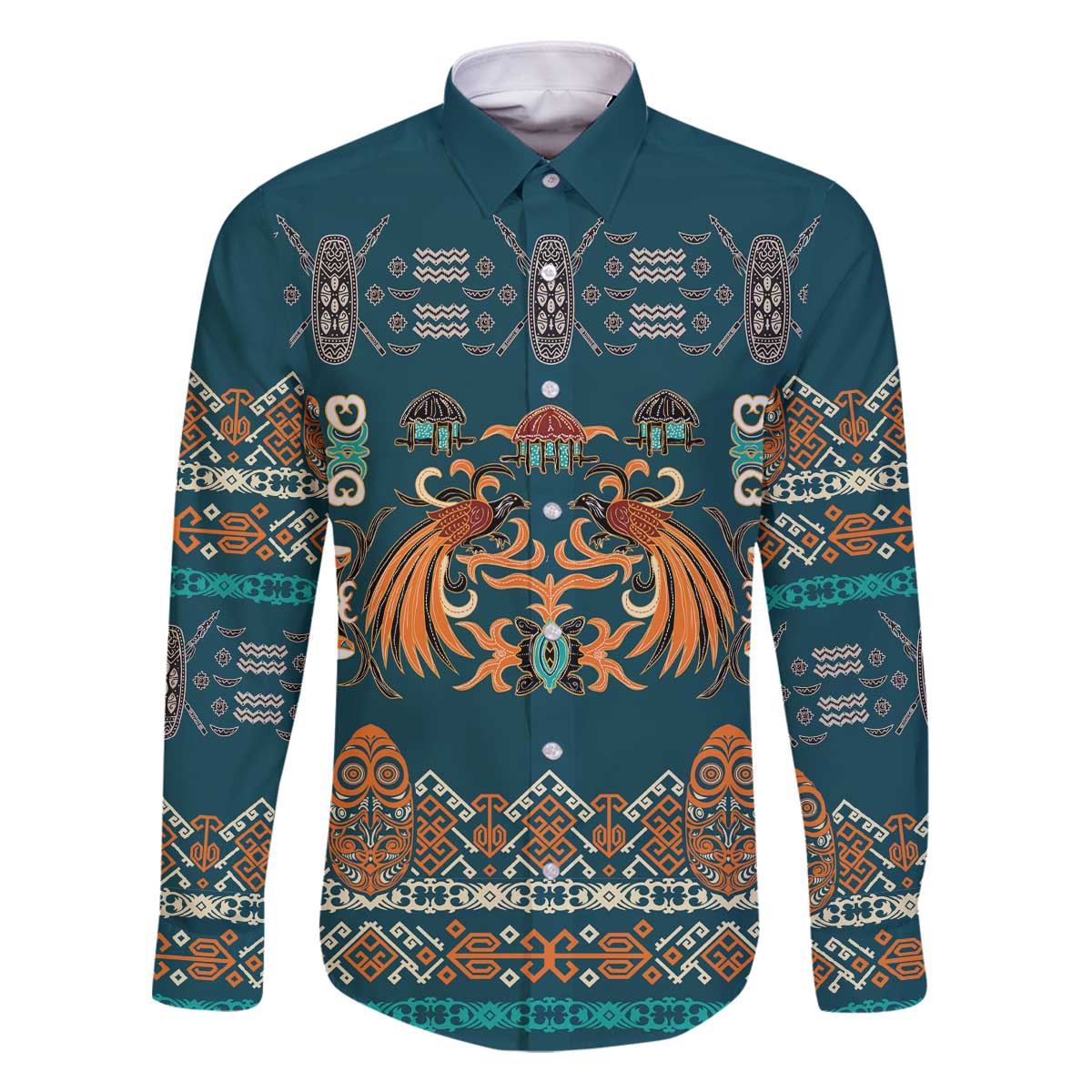 Dark Cyan Blue Batik Papua-inspired Pattern Family Matching Off The Shoulder Long Sleeve Dress and Hawaiian Shirt LT9 Dad's Shirt - Long Sleeve Blue - Polynesian Pride