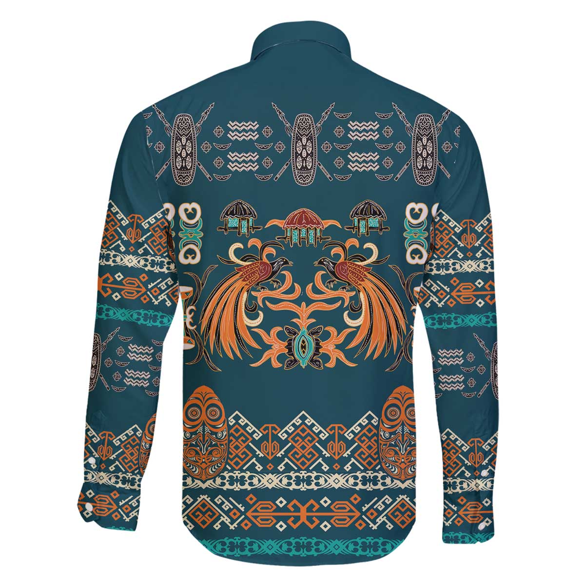 Dark Cyan Blue Batik Papua-inspired Pattern Family Matching Off The Shoulder Long Sleeve Dress and Hawaiian Shirt LT9 - Polynesian Pride