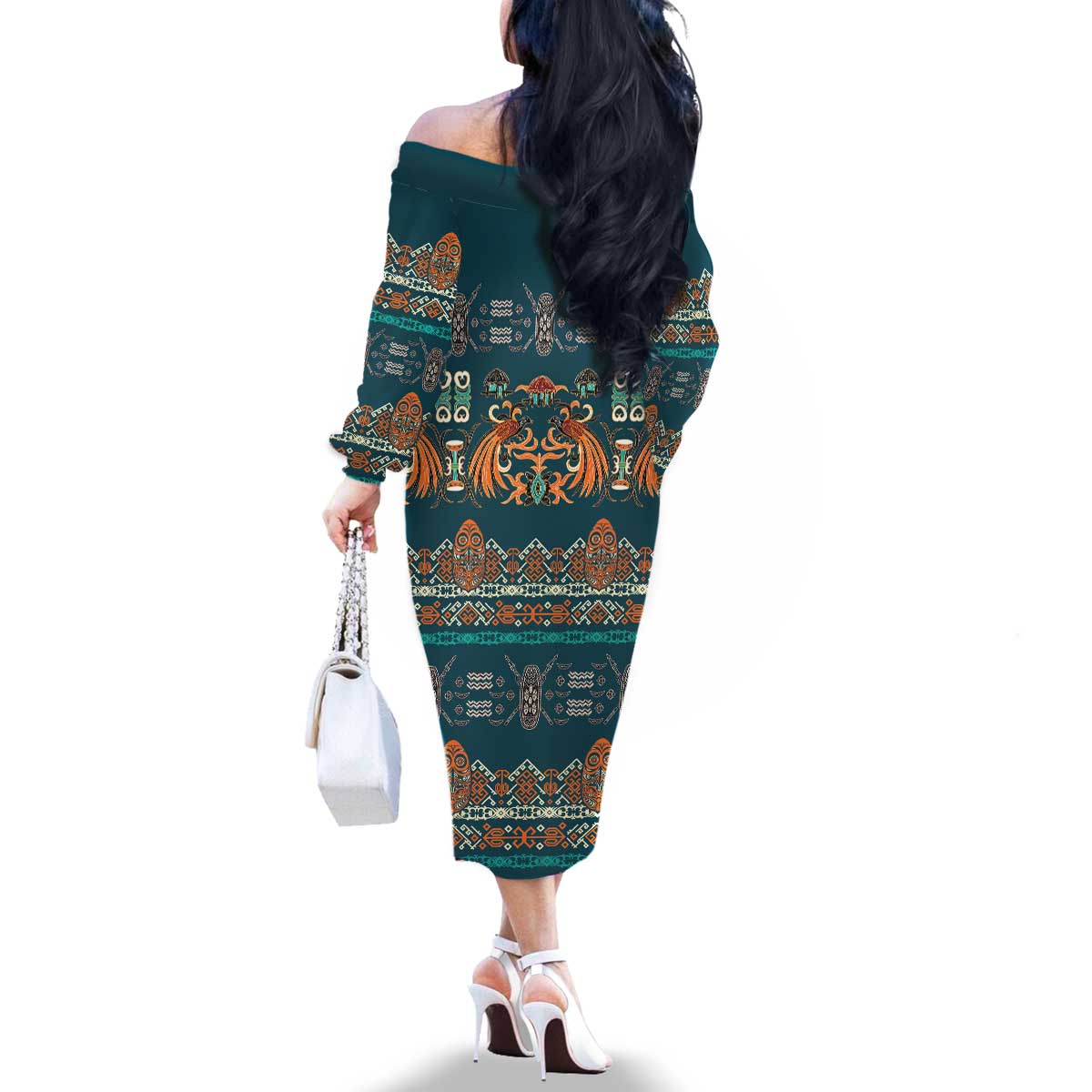Dark Cyan Blue Batik Papua-inspired Pattern Family Matching Off The Shoulder Long Sleeve Dress and Hawaiian Shirt LT9 - Polynesian Pride