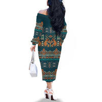 Dark Cyan Blue Batik Papua-inspired Pattern Family Matching Off The Shoulder Long Sleeve Dress and Hawaiian Shirt LT9 - Polynesian Pride