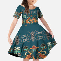 Dark Cyan Blue Batik Papua-inspired Pattern Family Matching Off Shoulder Maxi Dress and Hawaiian Shirt LT9 Daughter's Dress Blue - Polynesian Pride
