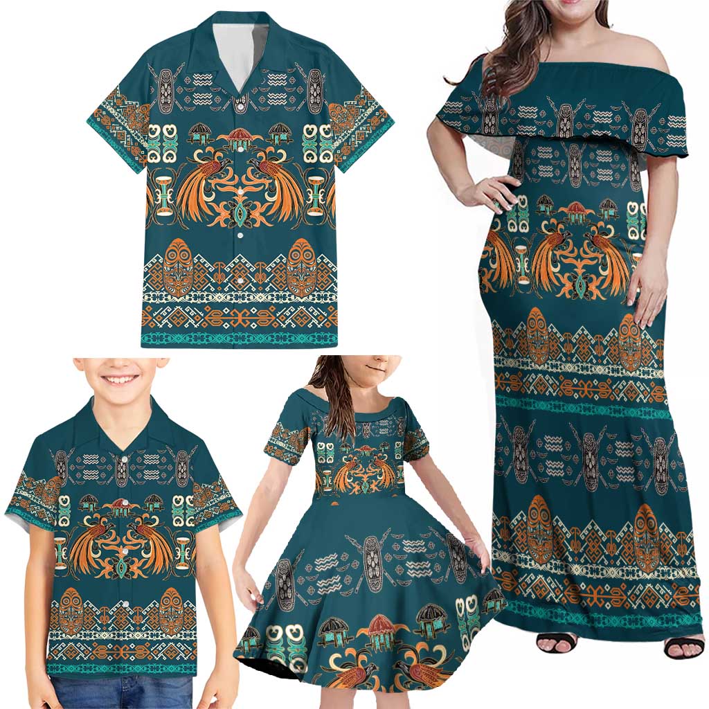 Dark Cyan Blue Batik Papua-inspired Pattern Family Matching Off Shoulder Maxi Dress and Hawaiian Shirt LT9 - Polynesian Pride