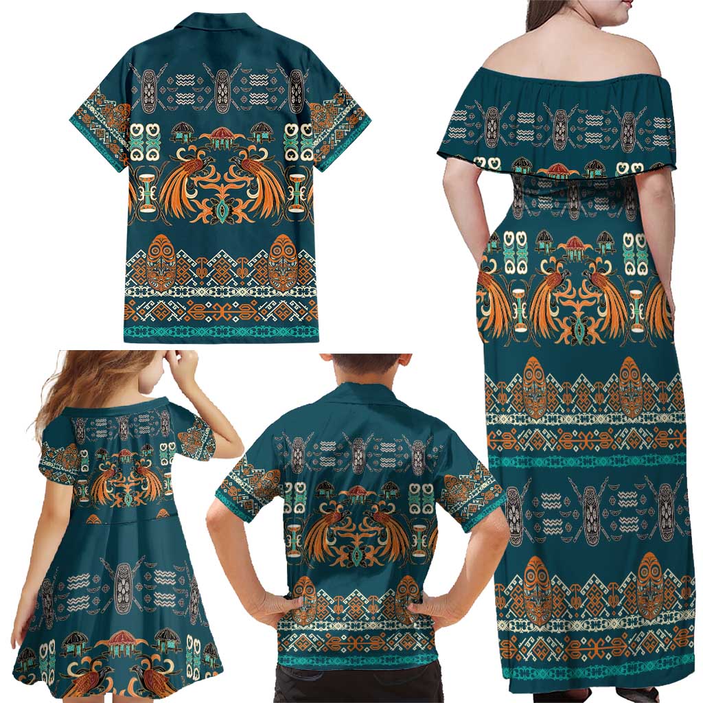 Dark Cyan Blue Batik Papua-inspired Pattern Family Matching Off Shoulder Maxi Dress and Hawaiian Shirt LT9 - Polynesian Pride