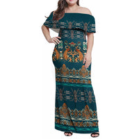 Dark Cyan Blue Batik Papua-inspired Pattern Family Matching Off Shoulder Maxi Dress and Hawaiian Shirt LT9 Mom's Dress Blue - Polynesian Pride