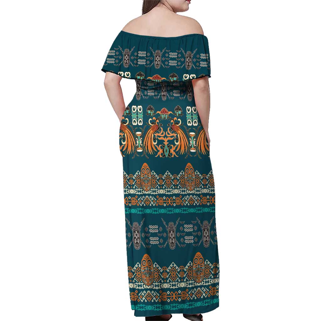 Dark Cyan Blue Batik Papua-inspired Pattern Family Matching Off Shoulder Maxi Dress and Hawaiian Shirt LT9 - Polynesian Pride