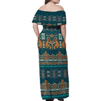 Dark Cyan Blue Batik Papua-inspired Pattern Family Matching Off Shoulder Maxi Dress and Hawaiian Shirt LT9 - Polynesian Pride