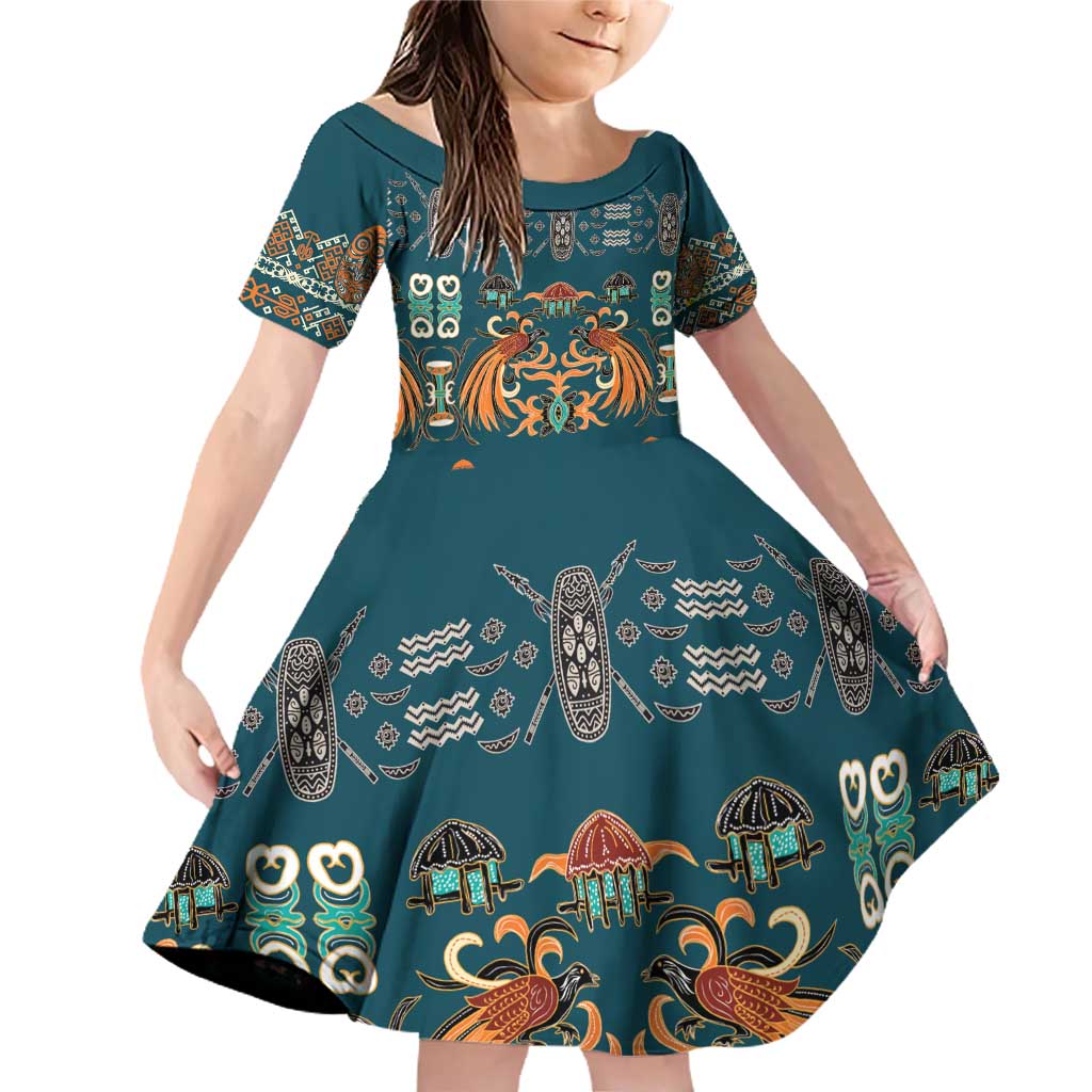 Dark Cyan Blue Batik Papua-inspired Pattern Family Matching Off Shoulder Short Dress and Hawaiian Shirt LT9 Daughter's Dress Blue - Polynesian Pride