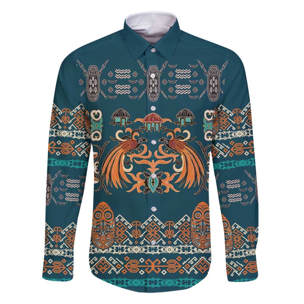 Dark Cyan Blue Batik Papua-inspired Pattern Family Matching Off Shoulder Short Dress and Hawaiian Shirt LT9 Dad's Shirt - Long Sleeve Blue - Polynesian Pride