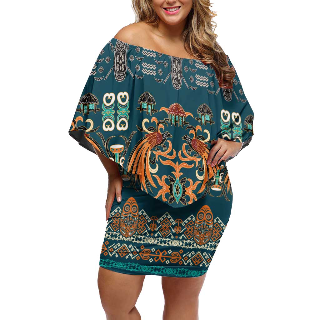 Dark Cyan Blue Batik Papua-inspired Pattern Family Matching Off Shoulder Short Dress and Hawaiian Shirt LT9 Mom's Dress Blue - Polynesian Pride