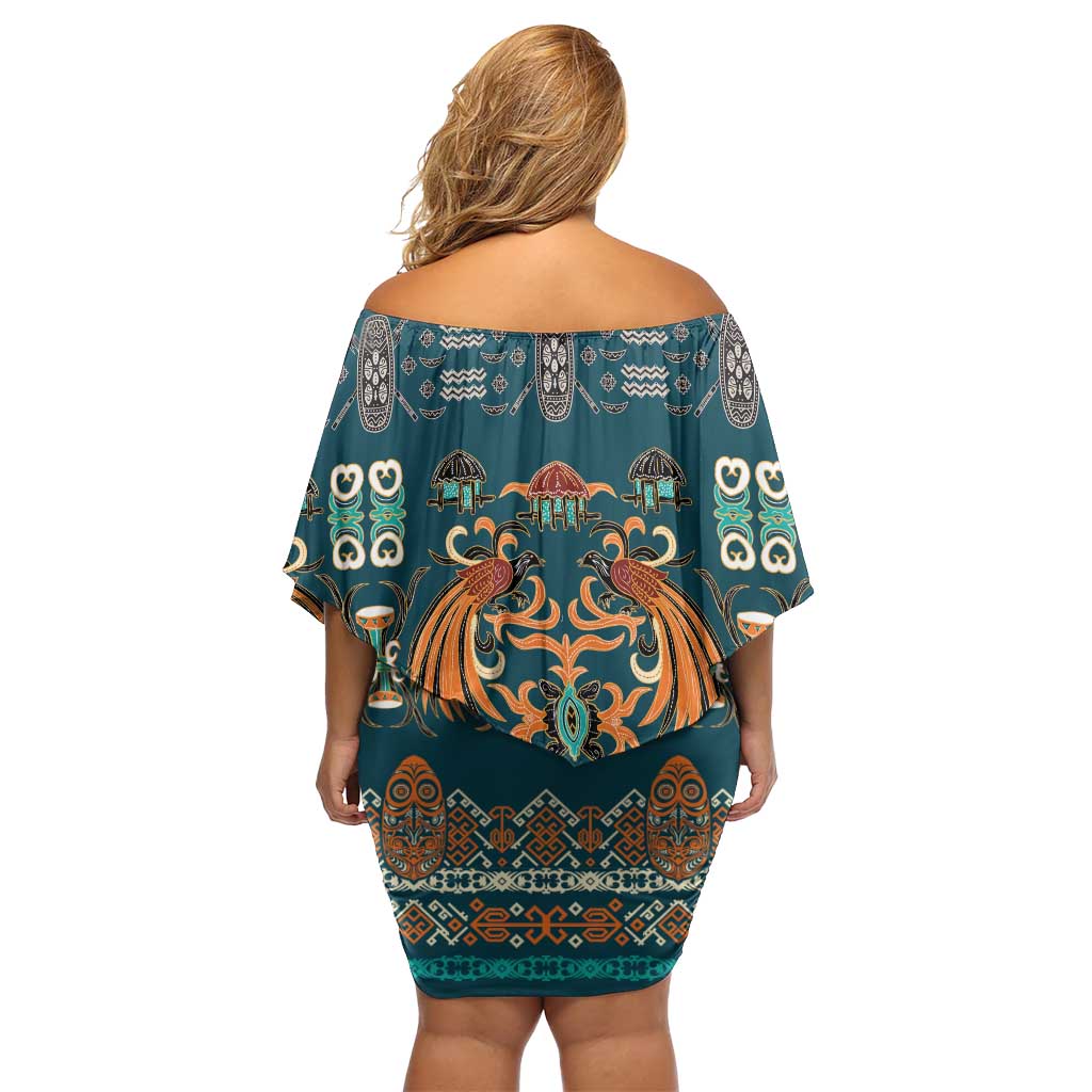 Dark Cyan Blue Batik Papua-inspired Pattern Family Matching Off Shoulder Short Dress and Hawaiian Shirt LT9 - Polynesian Pride